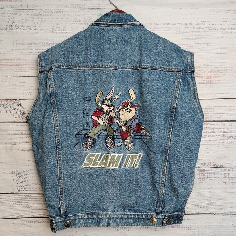 Vintage 90s Looney Tunes Denim Jacket Vest Men's Small Slam It Hockey Bugs Taz